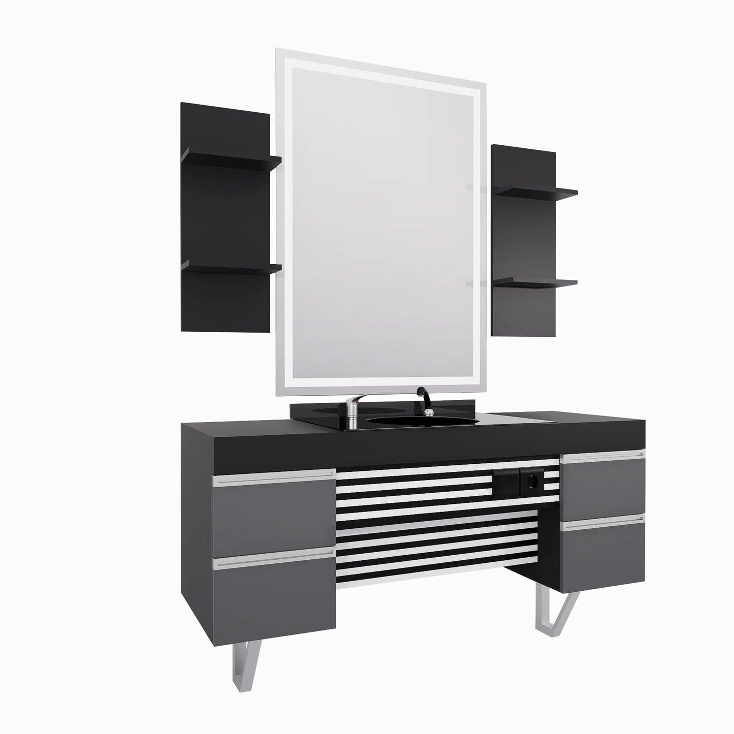 Modern Barberarstation i Svart & Grå med LED-spegel BarberCity