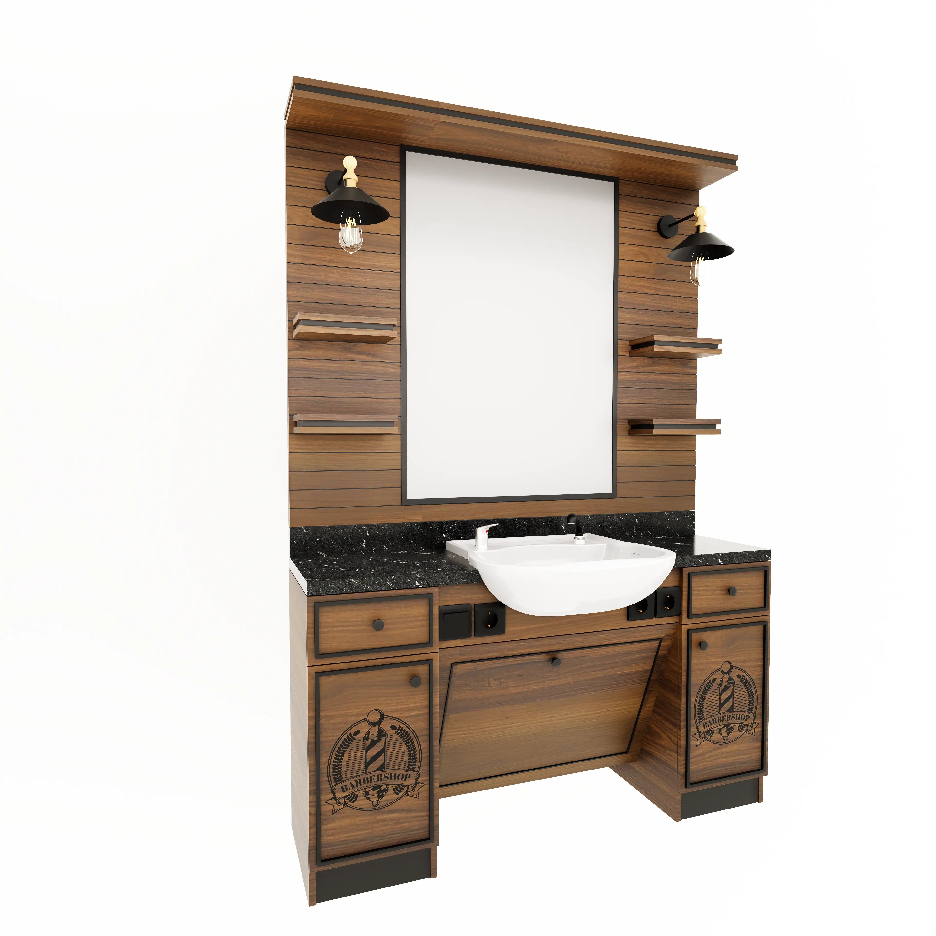 Barberarstation i Klassisk Valnötsträ med Svart Marmorbänkskiva BarberCity