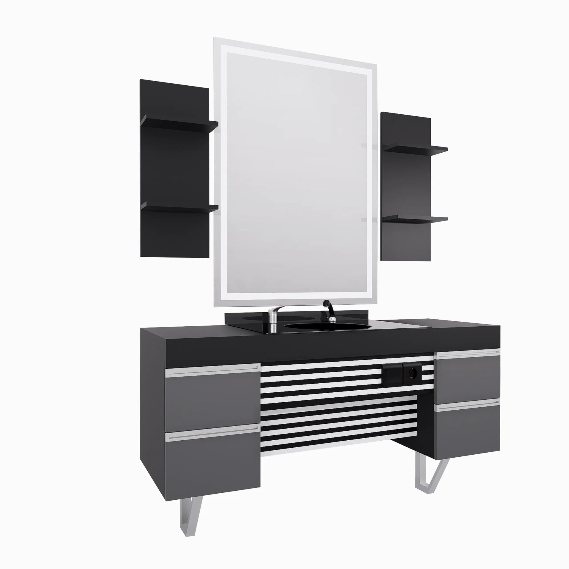 Modern Barberarstation i Svart & Grå med LED-spegel BarberCity