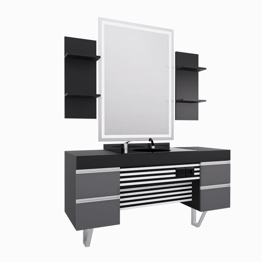 Modern Barberarstation i Svart & Grå med LED-spegel BarberCity