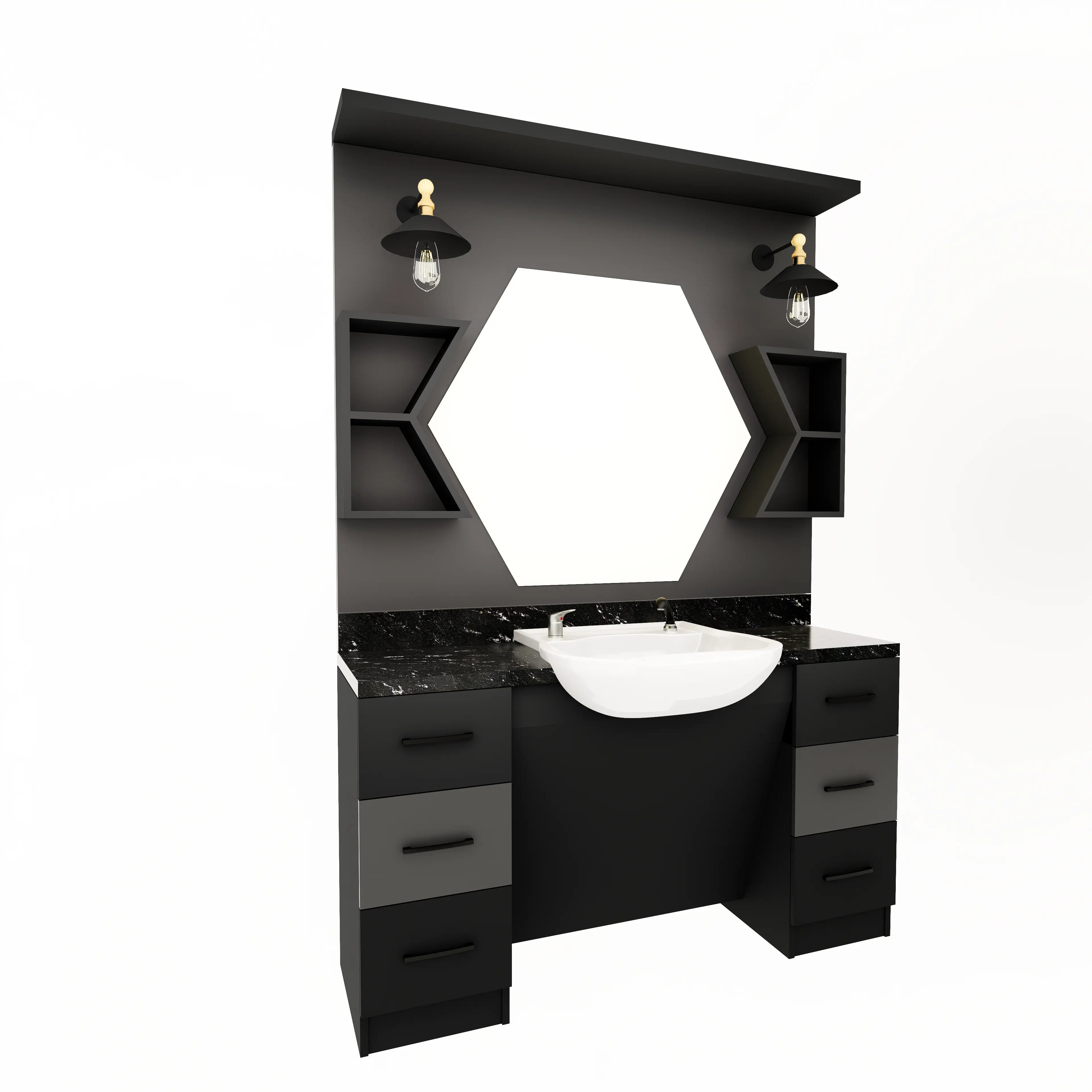 Modern Barberarstation med Sexkantig Spegel & Tvätt – Svart/Grå BarberCity