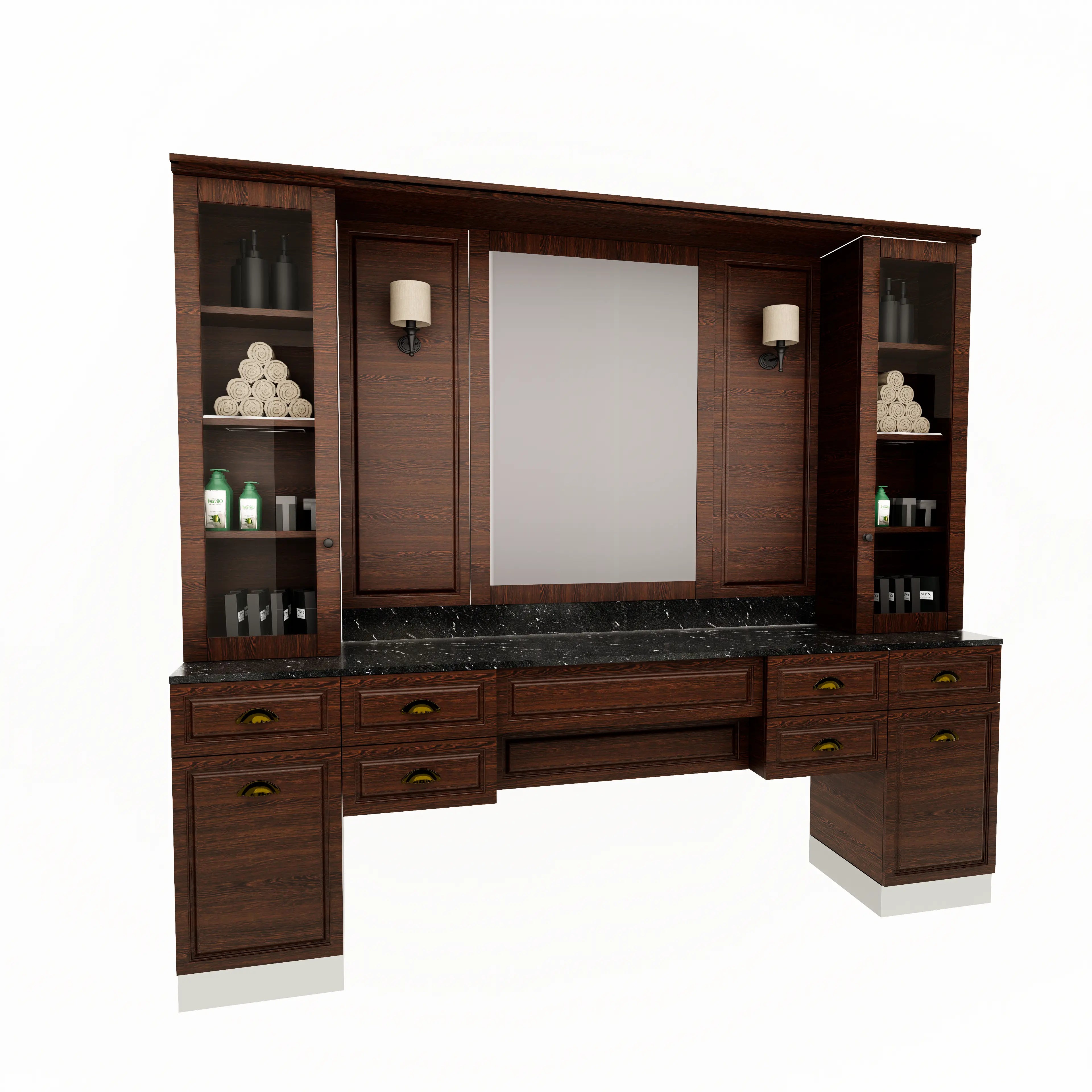 Barberarstation i Mörkt Trä med Spegel &amp; Förvaring BarberCity