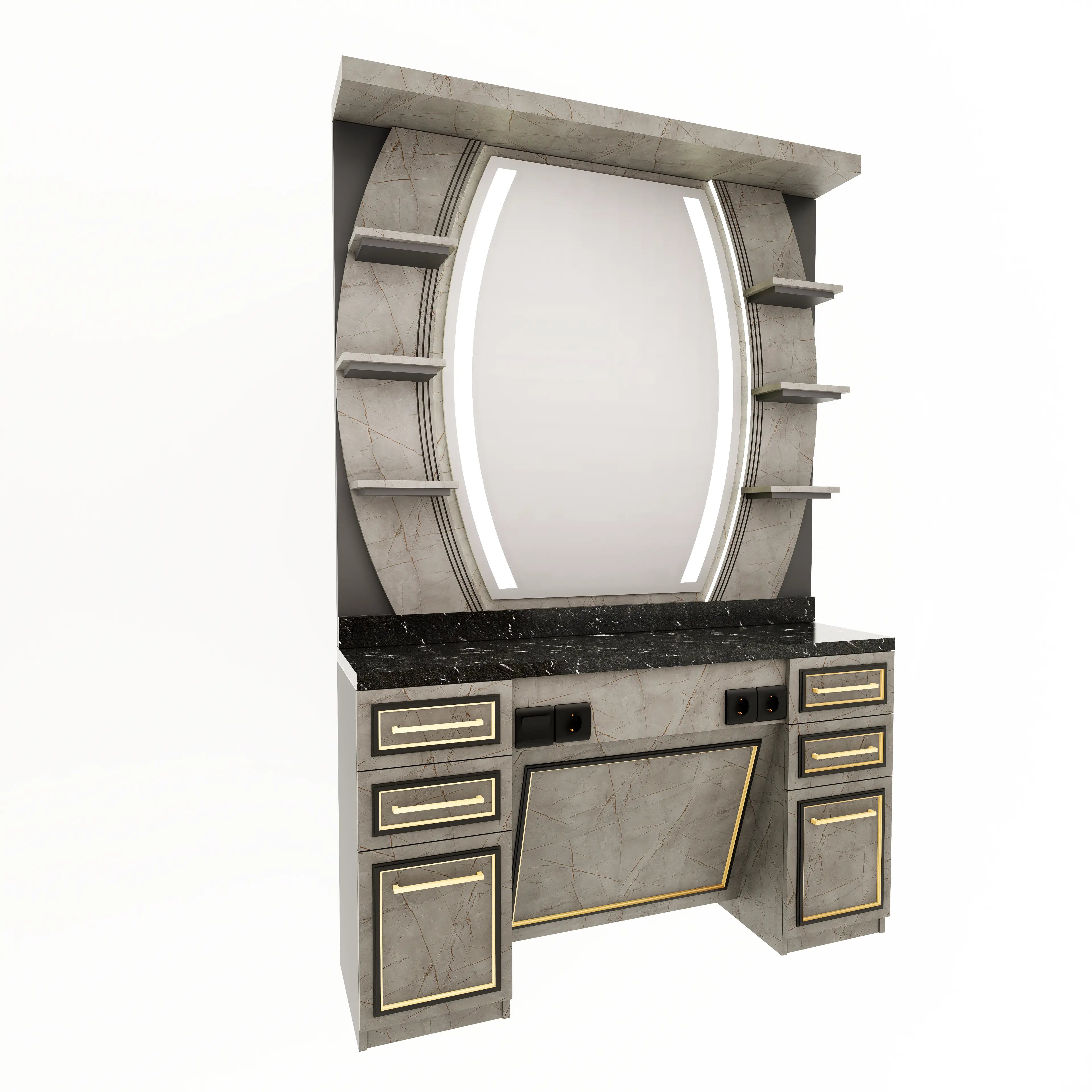 Ljus Marmorlook med Oval Spegel & Svart Marmorbänkskiva BarberCity