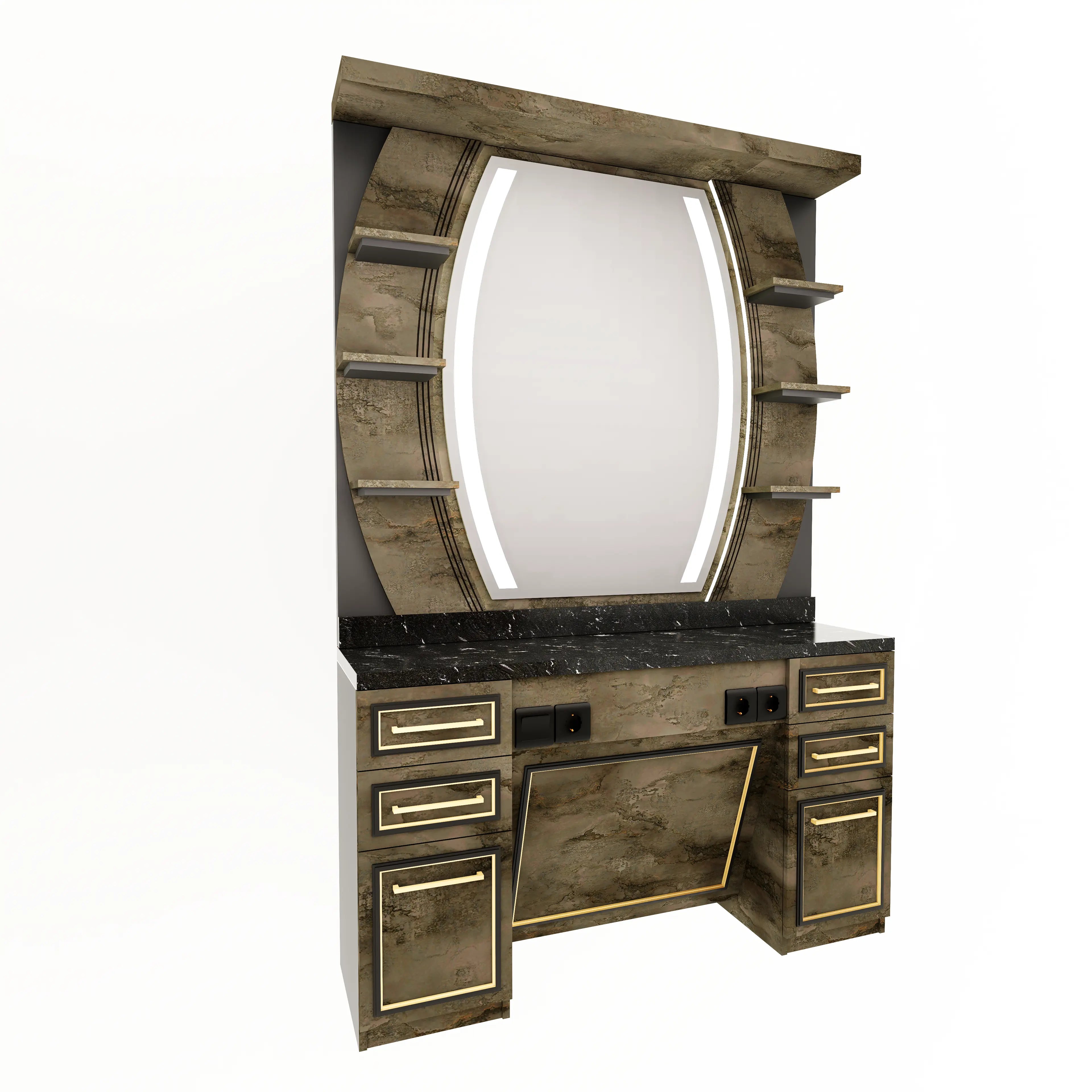 Antik Bronsfinish med Oval Spegel & Svart Marmorbänkskiva BarberCity