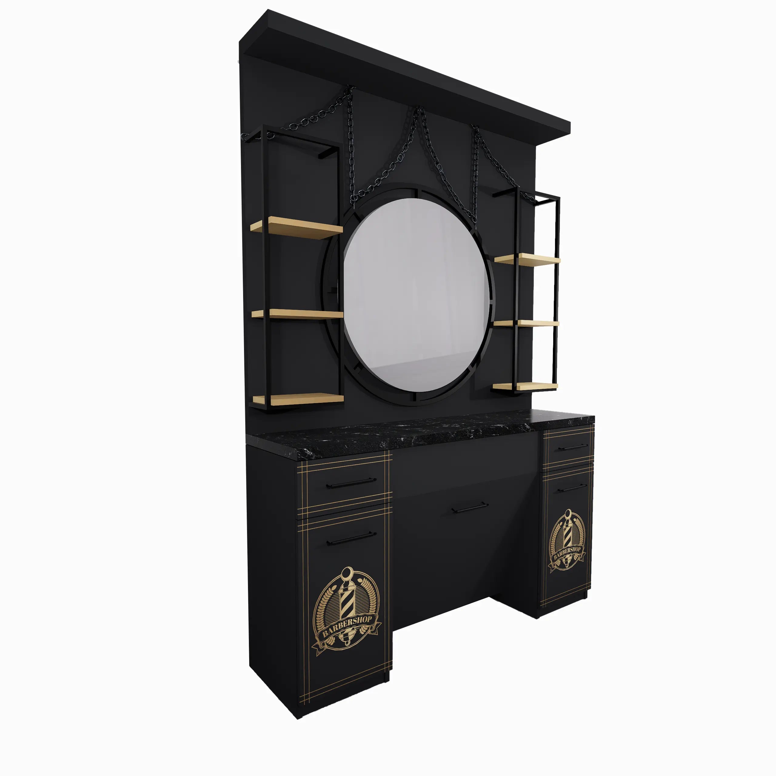 Industriell Barberarstation med Rund Spegel, Kedjedekor BarberCity