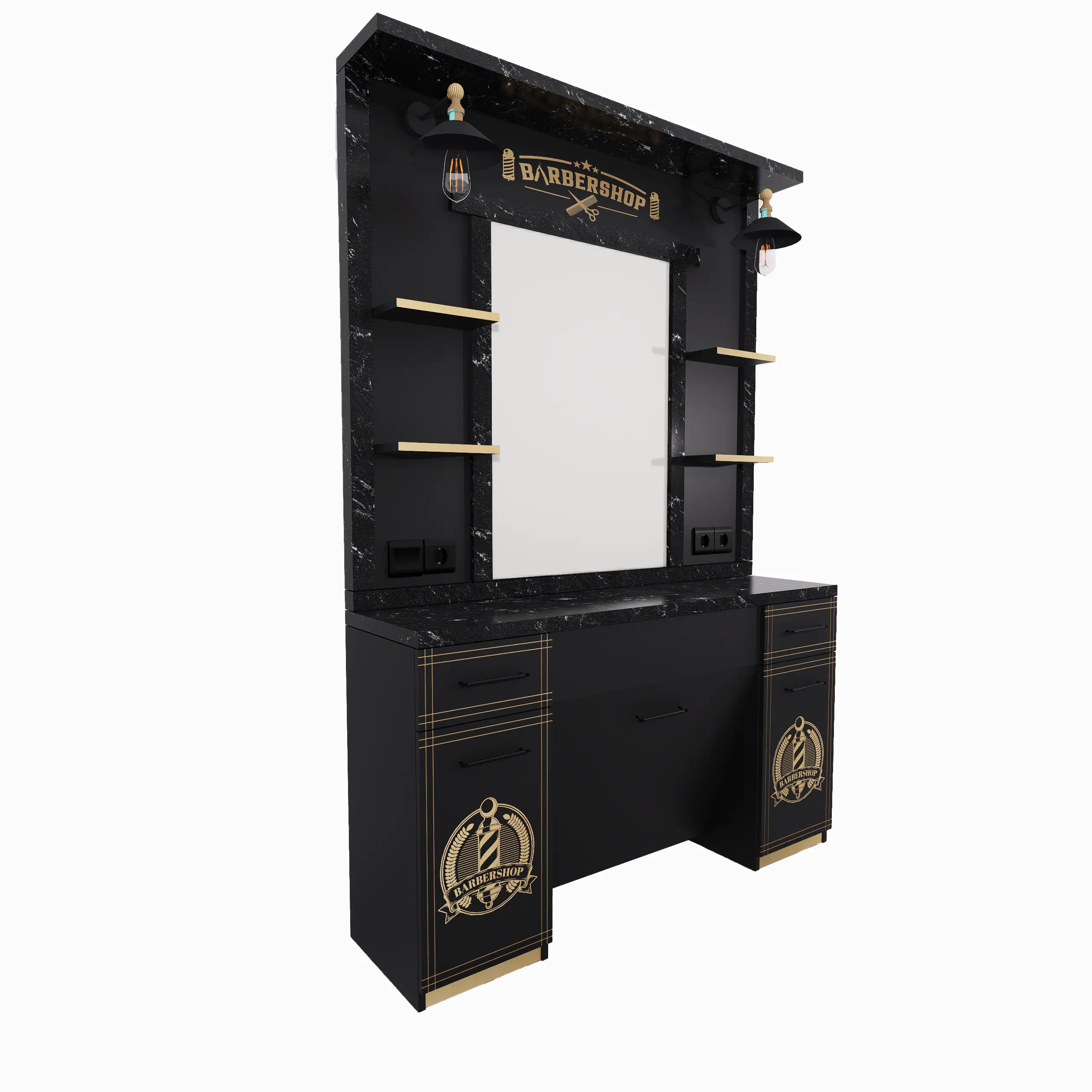 Lyxig Barberarstation i Svart Marmor med Guldaccenter BarberCity